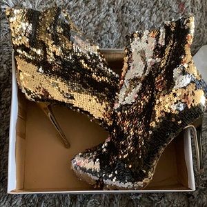 Gold Sequin Stiletto Boots.